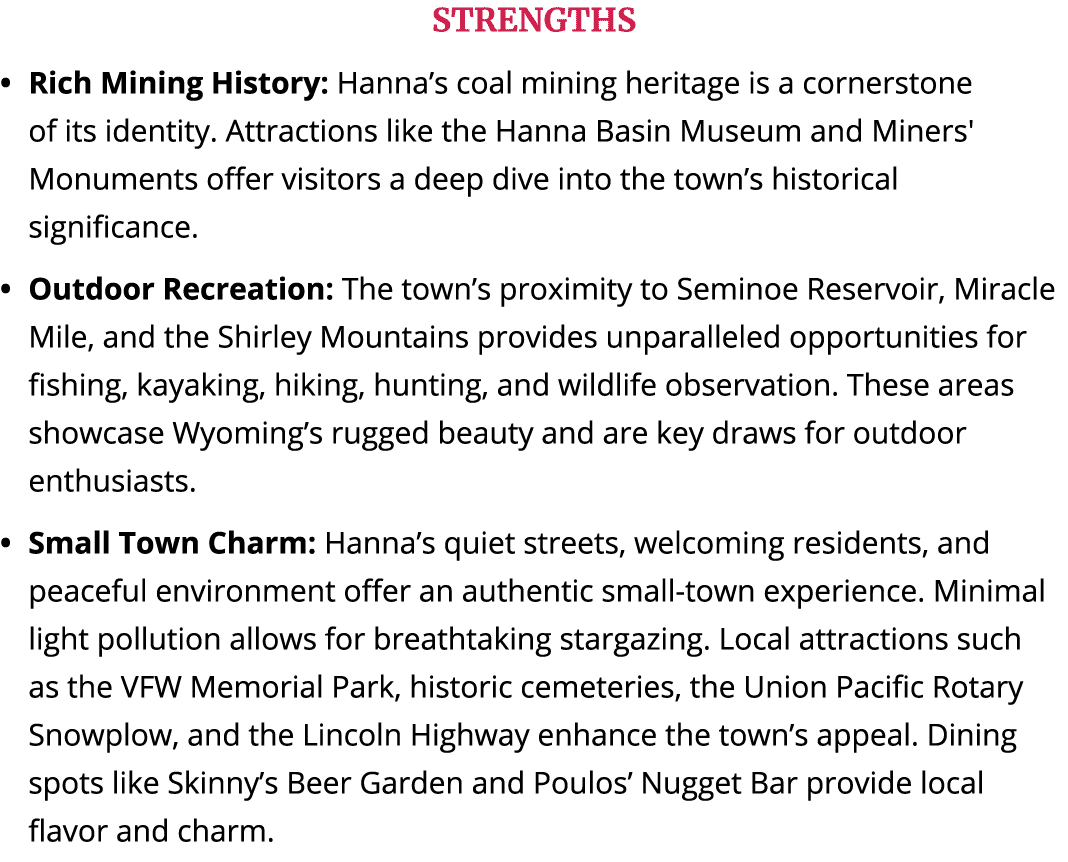 STRENGTHS Rich Mining History: Hanna’s coal mining heritage is a cornerstone of its identity. Attractions like the Ha...