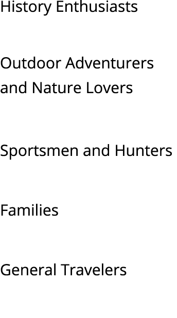 History Enthusiasts Outdoor Adventurers and Nature Lovers Sportsmen and Hunters Families General Travelers