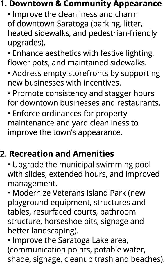 1. Downtown & Community Appearance • Improve the cleanliness and charm of downtown Saratoga (parking, litter, heated ...